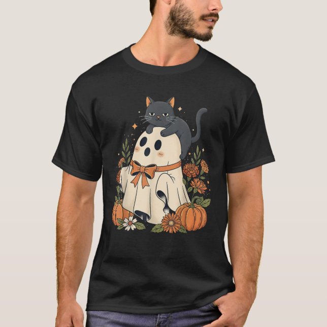 Cat and Ghost Pumpkin Autumn Floral Family Matchin T-Shirt (Front)