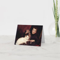 Cat and Girl Red Vintage Art Blank Inside Note