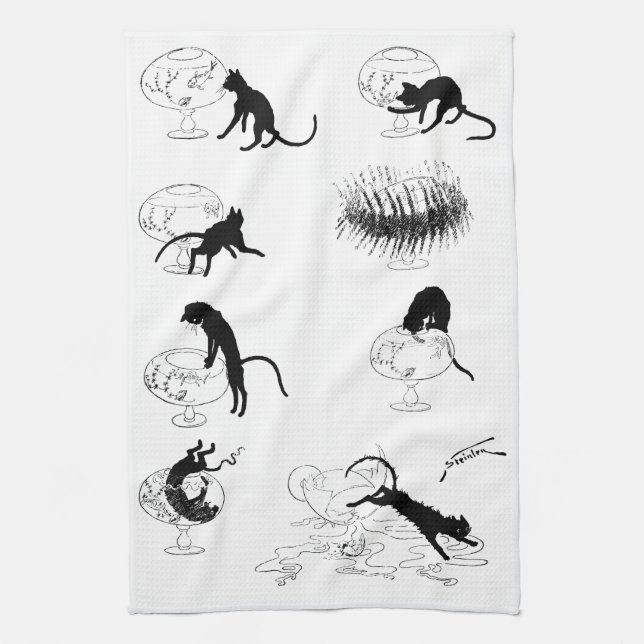 Cat and Goldfish, Alexandre Steinlen Tea Towel (Vertical)