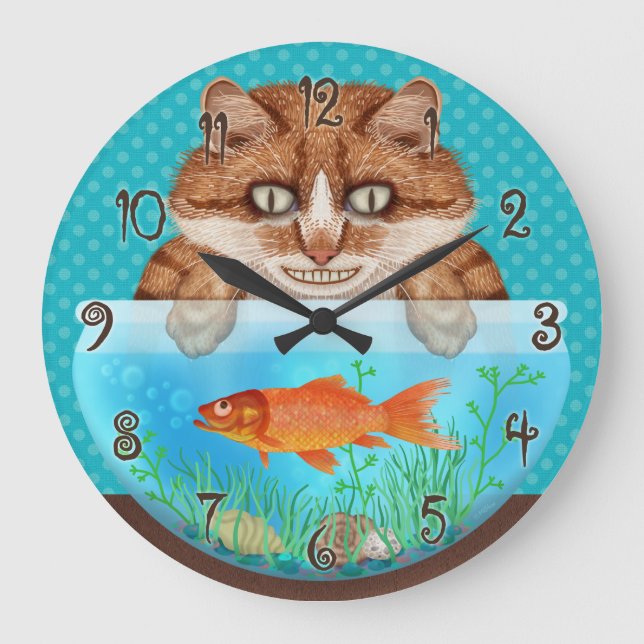 Cat and Goldfish Bowl Funny Hungry Grinning Kitty Large Clock (Front)