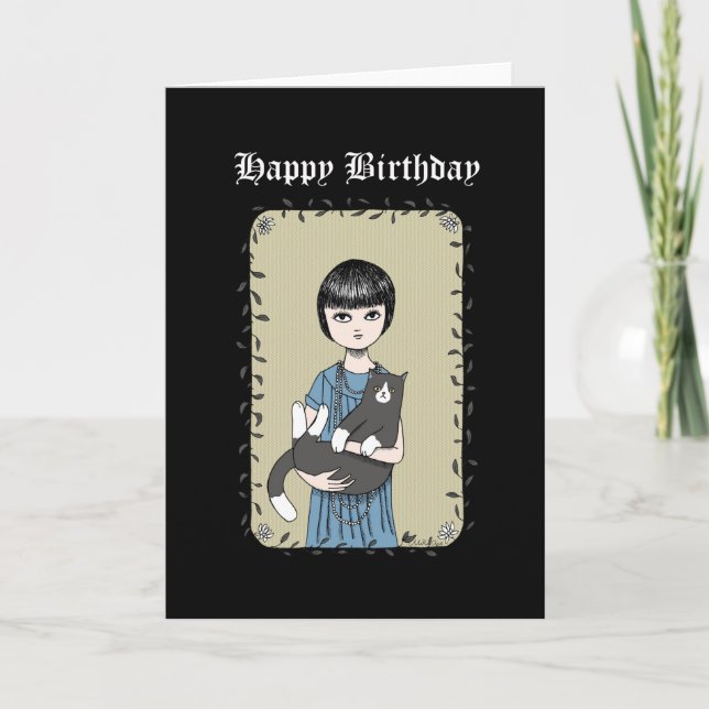 Cat and Goth Girl Creepy Dark Art Happy Birthday  Card (Front)