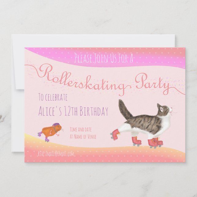 Cat and guinea pig rollerskating party invite (Front)