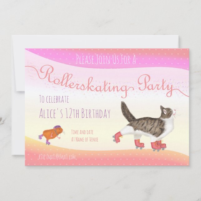 Cat and guinea pig rollerskating party invite (Front)