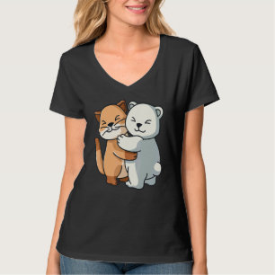 Cat And Icebear Cute Animal Hugging Women Girls T-Shirt