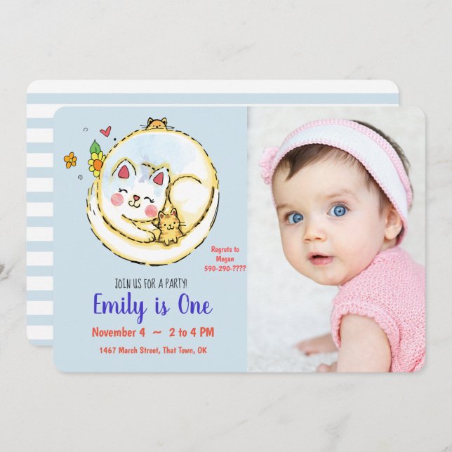 Cat and Kitten First Birthday Party Invitations (Front/Back)