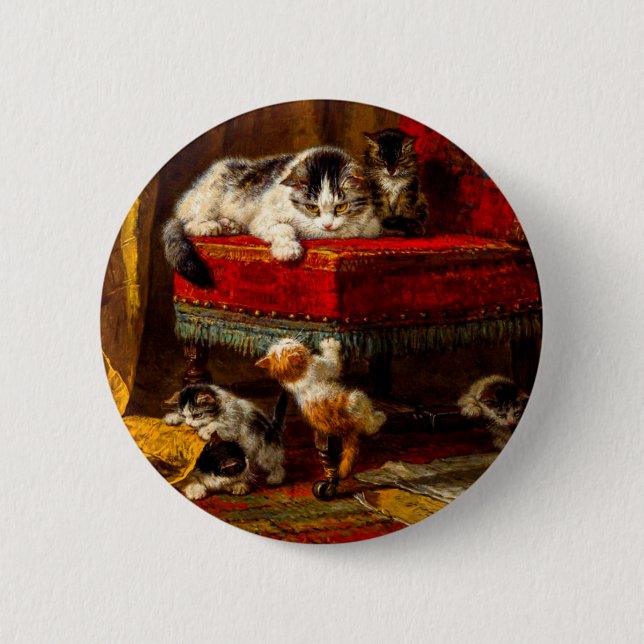 Cat and Kittens Playing with Chair 6 Cm Round Badge (Front)