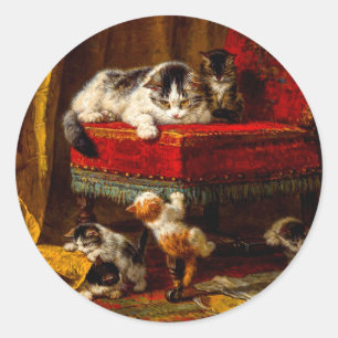 Cat and Kittens Playing with Chair Classic Round Sticker