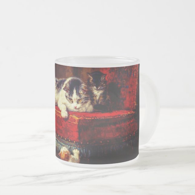 Cat and Kittens Playing with Chair Frosted Glass Coffee Mug (Front Right)