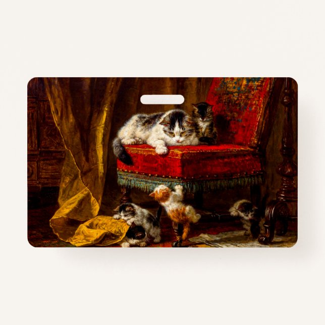 Cat and Kittens Playing with Chair ID Badge (Front)