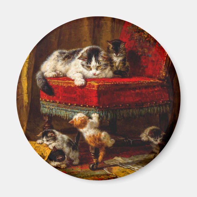 Cat and Kittens Playing with Chair Magnet (Front)