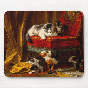 Cat and Kittens Playing with Chair Mouse Mat