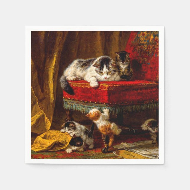 Cat and Kittens Playing with Chair Napkin (Front)