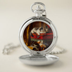 Cat and Kittens Playing with Chair Pocket Watch