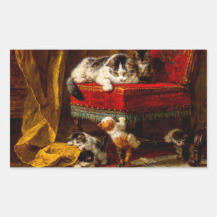 Cat and Kittens Playing with Chair Rectangular Sticker