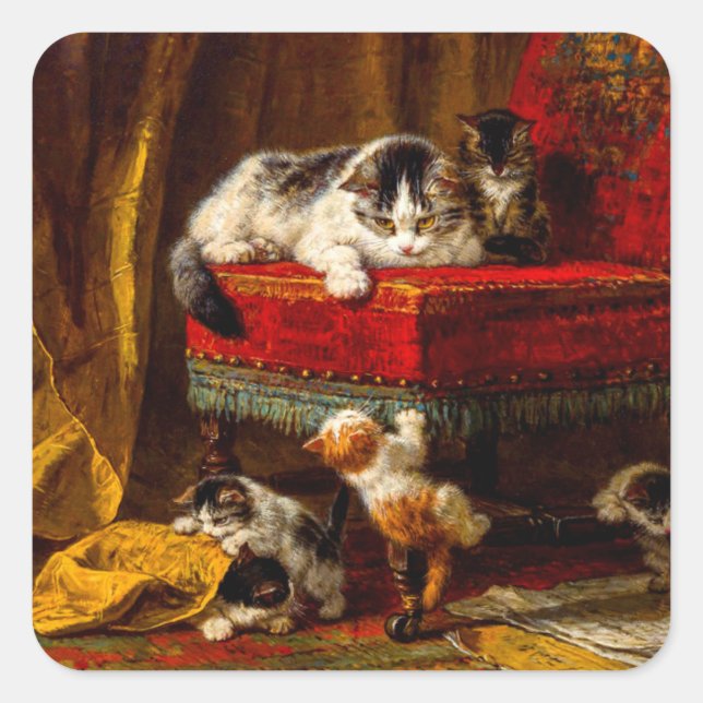 Cat and Kittens Playing with Chair Square Sticker (Front)