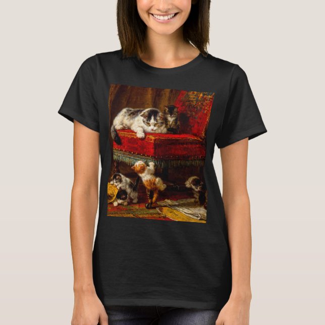 Cat and Kittens Playing with Chair T-Shirt (Front)