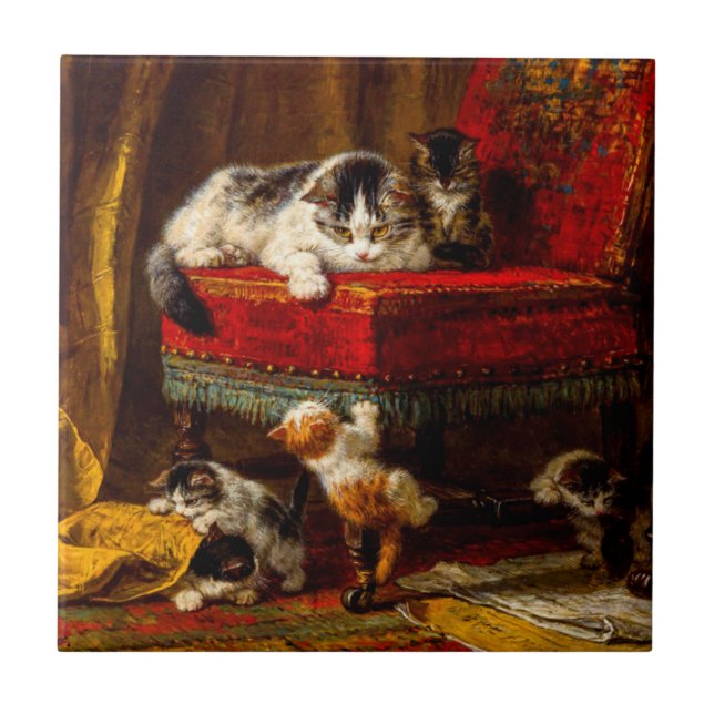 Cat and Kittens Playing with Chair Tile (Front)