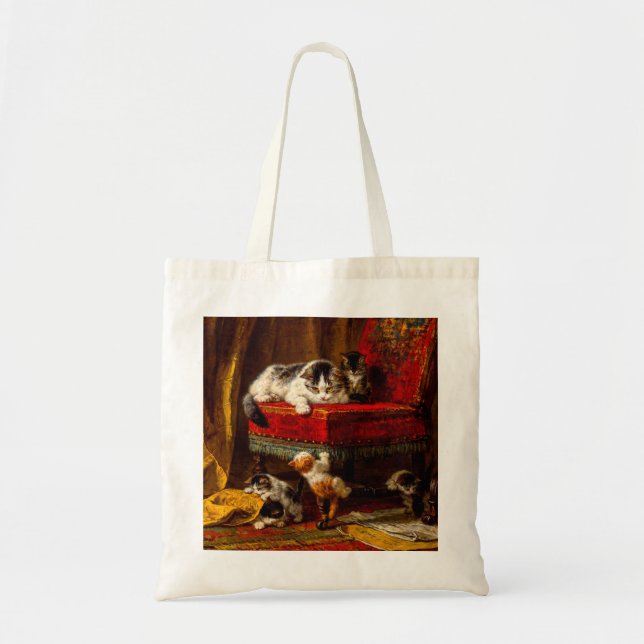 Cat and Kittens Playing with Chair Tote Bag (Front)