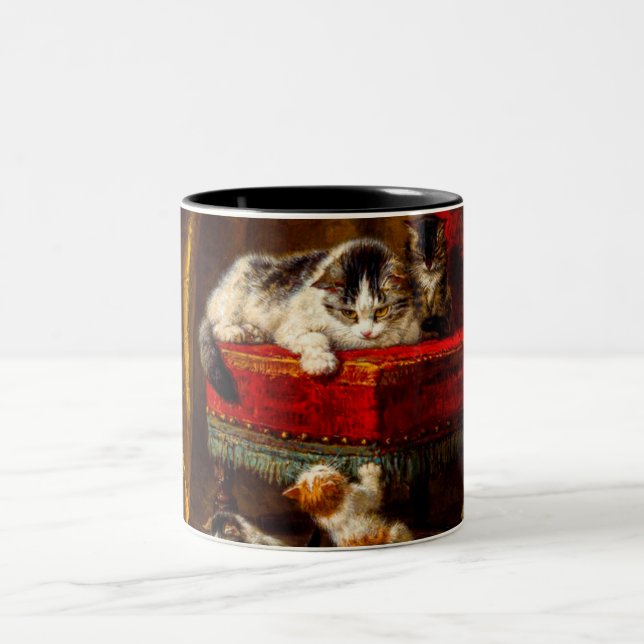Cat and Kittens Playing with Chair Two-Tone Coffee Mug (Center)