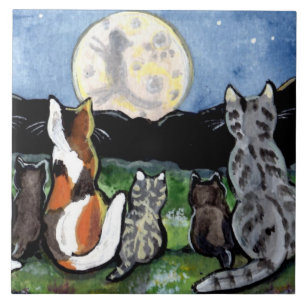 Cat and Kittens Watching Moon 6" Tile Trivet
