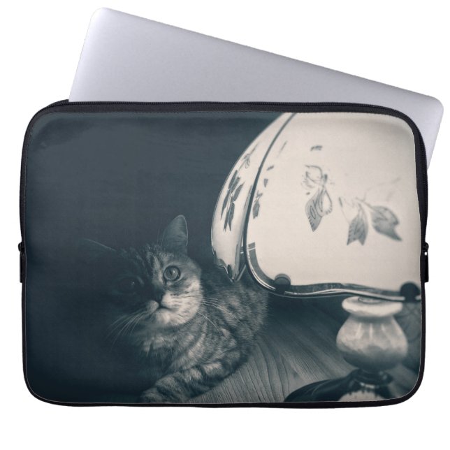 Cat and Lamp Noir Style Photograph Laptop Sleeve (Front)