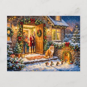 Cat and Mice Christmas Doorway Scene Postcard