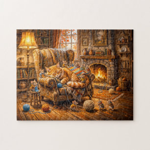 Cat and Mice Cozy Knitting Scene Jigsaw Puzzle