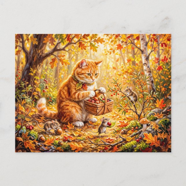 Cat and Mice Forest Winter Gathering Postcard (Front)