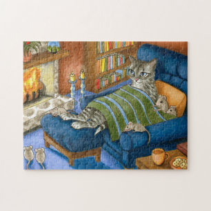 Cat and Mice sitting in front of a Fireplace 459 Jigsaw Puzzle