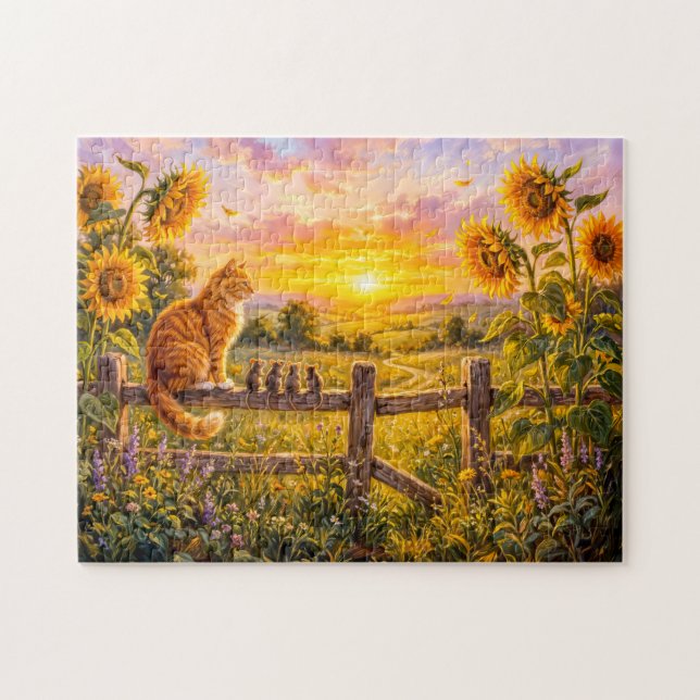 Cat and Mice Sunset Fence View Jigsaw Puzzle (Horizontal)