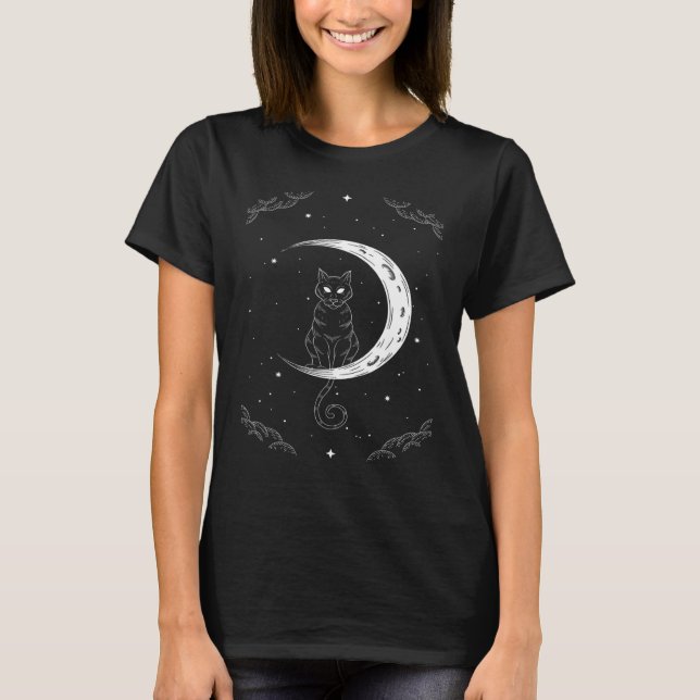 Cat and Moon Occult Goth Halloween Gothic T-Shirt (Front)
