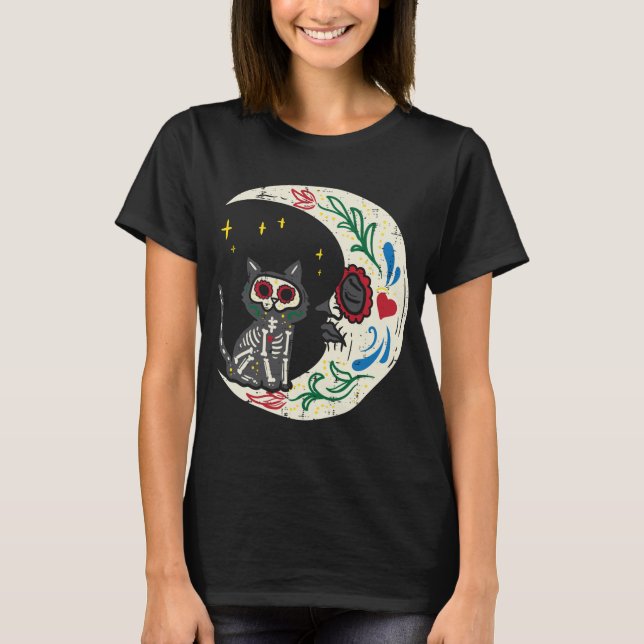 Cat And Moon Sugar Skull Calavera Dia De Muertos H T-Shirt (Front)