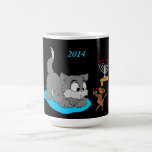 Cat and Mouse- Coffee Mug<br><div class="desc">This design features a brown mouse giving a grey kitten a wrapped gift. A menorah with candles is glowing in the dark. The kitten is laying on a pillow. The year 2014 is printed on the top of this design. These mugs are available in assorted styles, colours and sizes.</div>