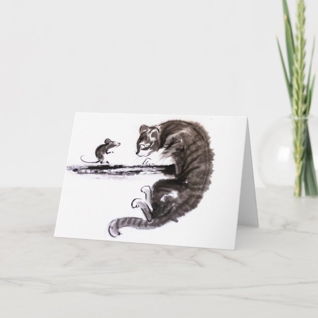 Cat And Mouse encounter sumie painting Card (Front)