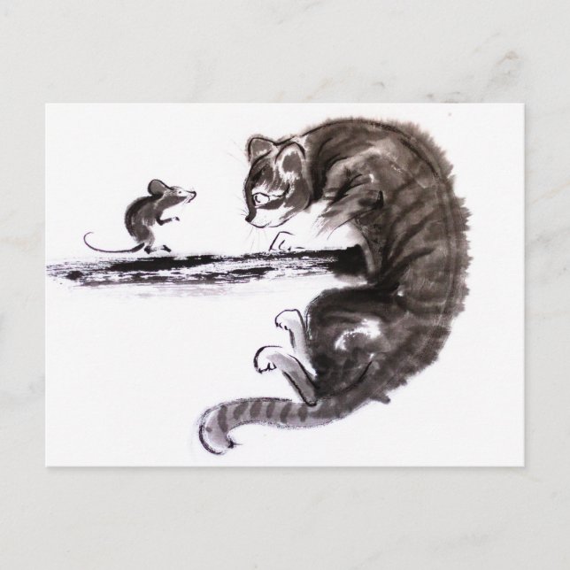 Cat And Mouse encounter sumie painting Postcard (Front)