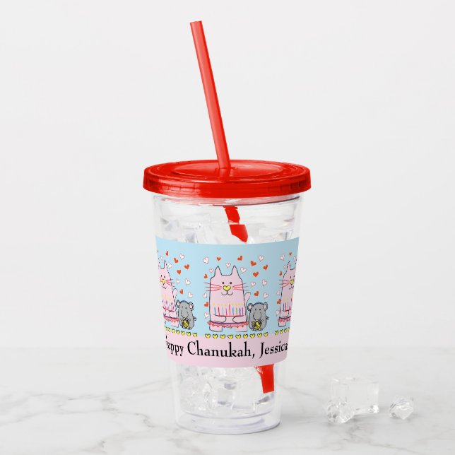 Cat and Mouse Happy Hanukkah Acrylic Tumbler (Front Ice)