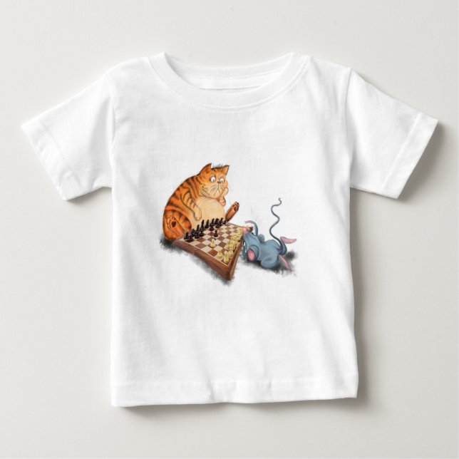 Cat and Mouse Playing Chess Baby T-Shirt Fun (Front)