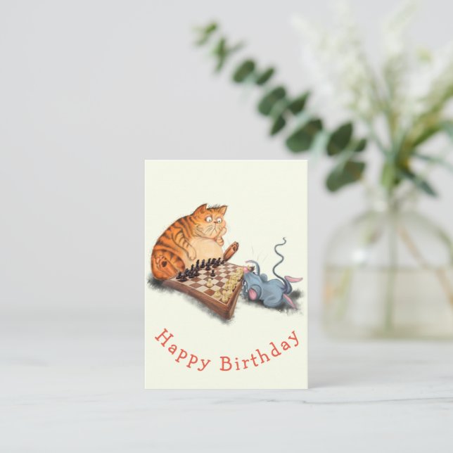 Cat and Mouse Playing Chess Birthday Card (Standing Front)