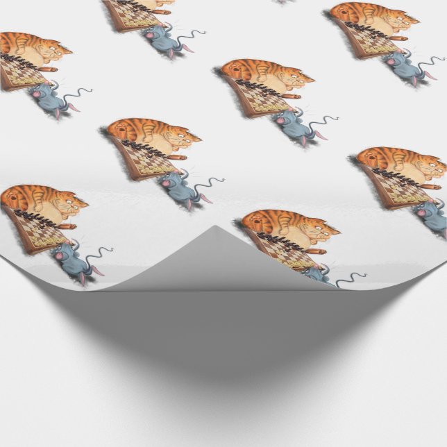 Cat and Mouse Playing Chess Cartoon Drawing Fun Wrapping Paper (Corner)