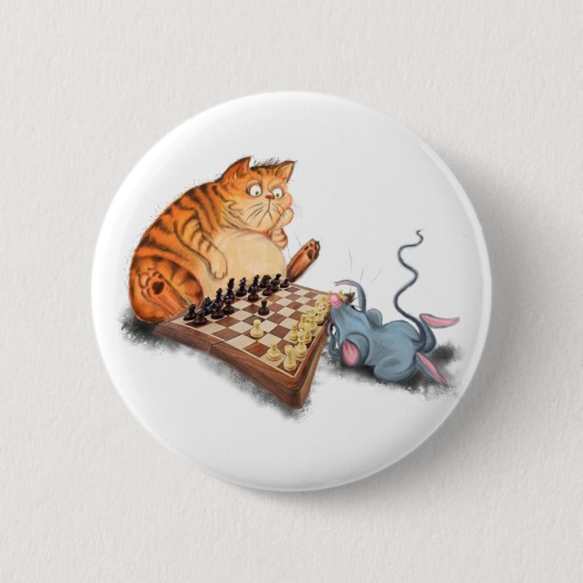 Cat and Mouse Playing Chess Cartoon Drawing Funny  6 Cm Round Badge (Front)