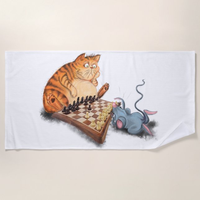Cat and Mouse Playing Chess Cartoon Drawing Funny  Beach Towel (Front)
