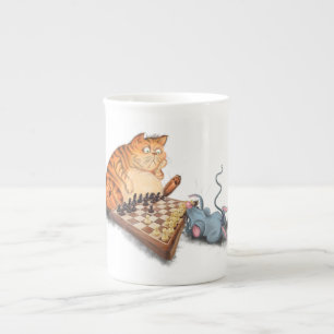 Cat and Mouse Playing Chess Cartoon Drawing Funny  Bone China Mug