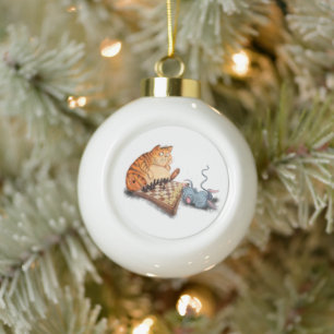 Cat and Mouse Playing Chess Cartoon Drawing Funny Ceramic Ball Christmas Ornament