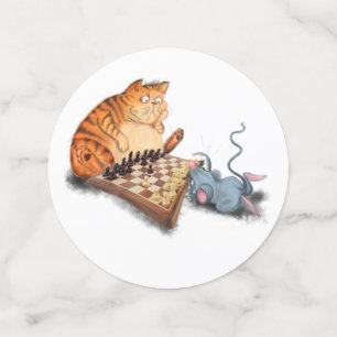 Cat and Mouse Playing Chess Cartoon Drawing Funny Confetti