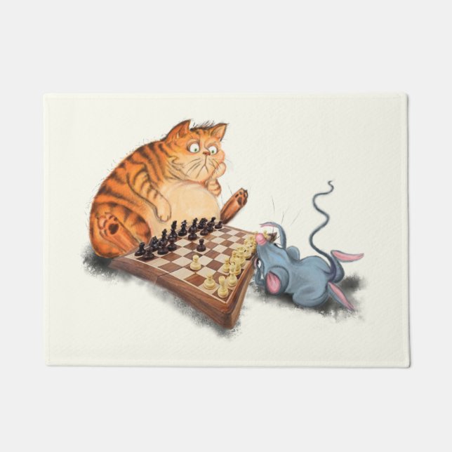Cat and Mouse Playing Chess Cartoon Drawing Funny  Doormat (Front)
