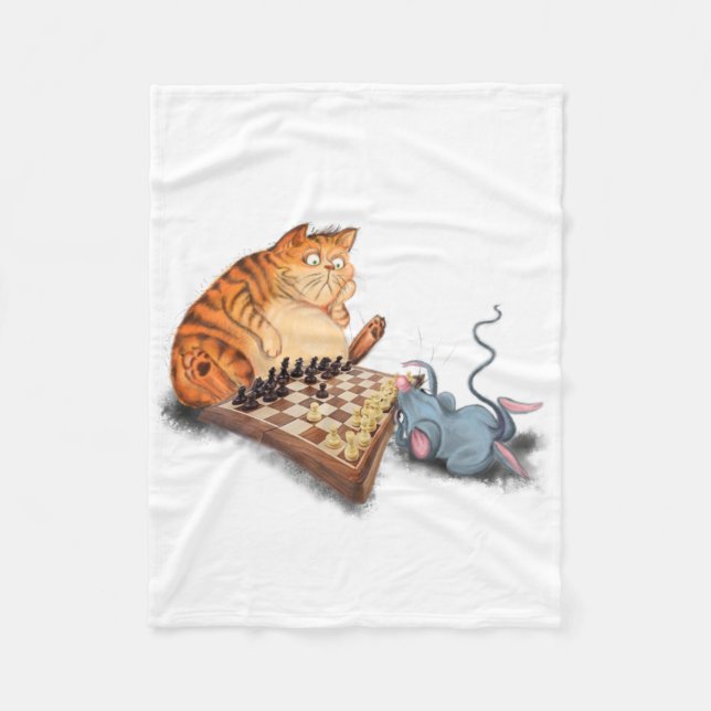 Cat and Mouse Playing Chess Cartoon Drawing Funny  Fleece Blanket (Front)