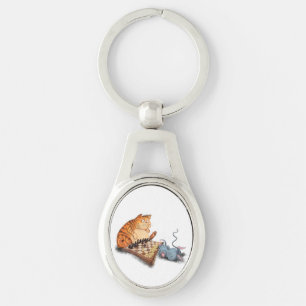 Cat and Mouse Playing Chess Cartoon Drawing Funny Key Ring