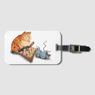 Cat and Mouse Playing Chess Cartoon Drawing Funny  Luggage Tag