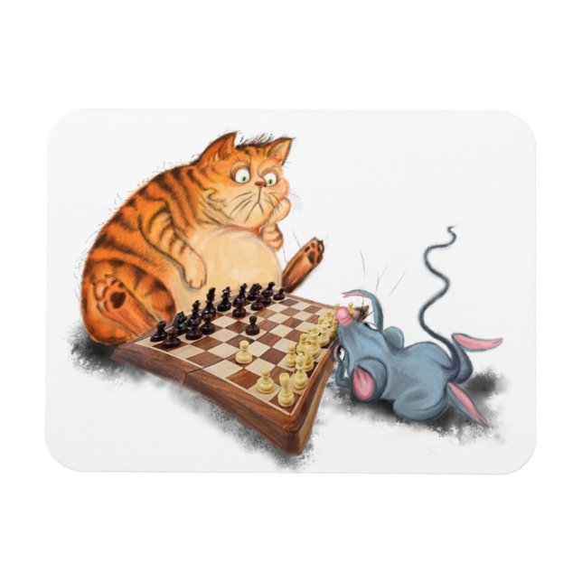 Cat and Mouse Playing Chess Cartoon Drawing Funny  Magnet (Horizontal)