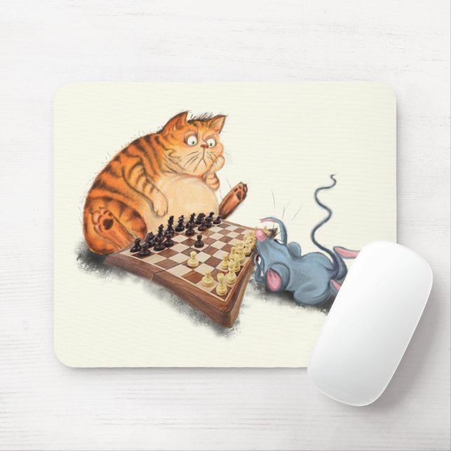 Cat and Mouse Playing Chess Cartoon Drawing Funny  Mat (With Mouse)